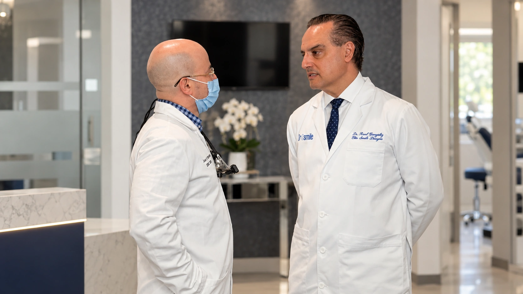 El Dr. Raúl González y el Dr. Juan E. en la clínica · Edición con IA