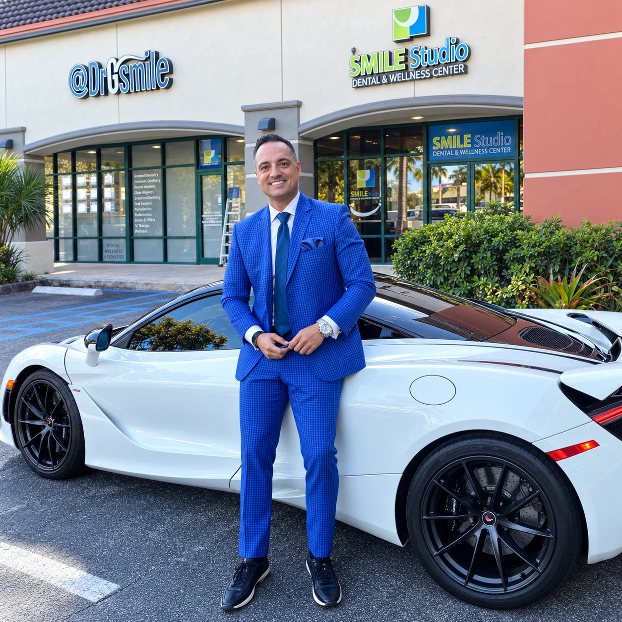 Dr. Raúl González frente a Smile Studio junto a un automóvil blanco
