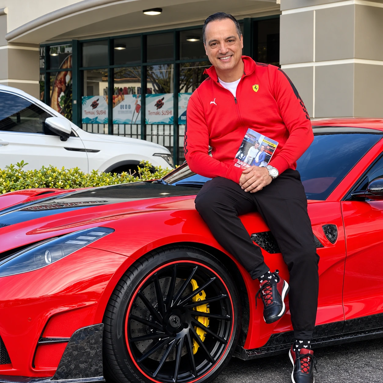 Dr. Raúl González sentado sobre un automóvil rojo con su libro