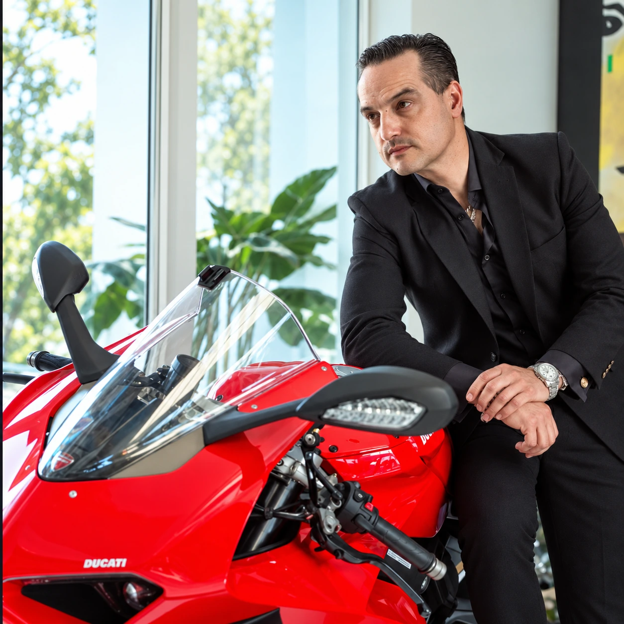 Dr. Raúl González junto a una motocicleta Ducati roja