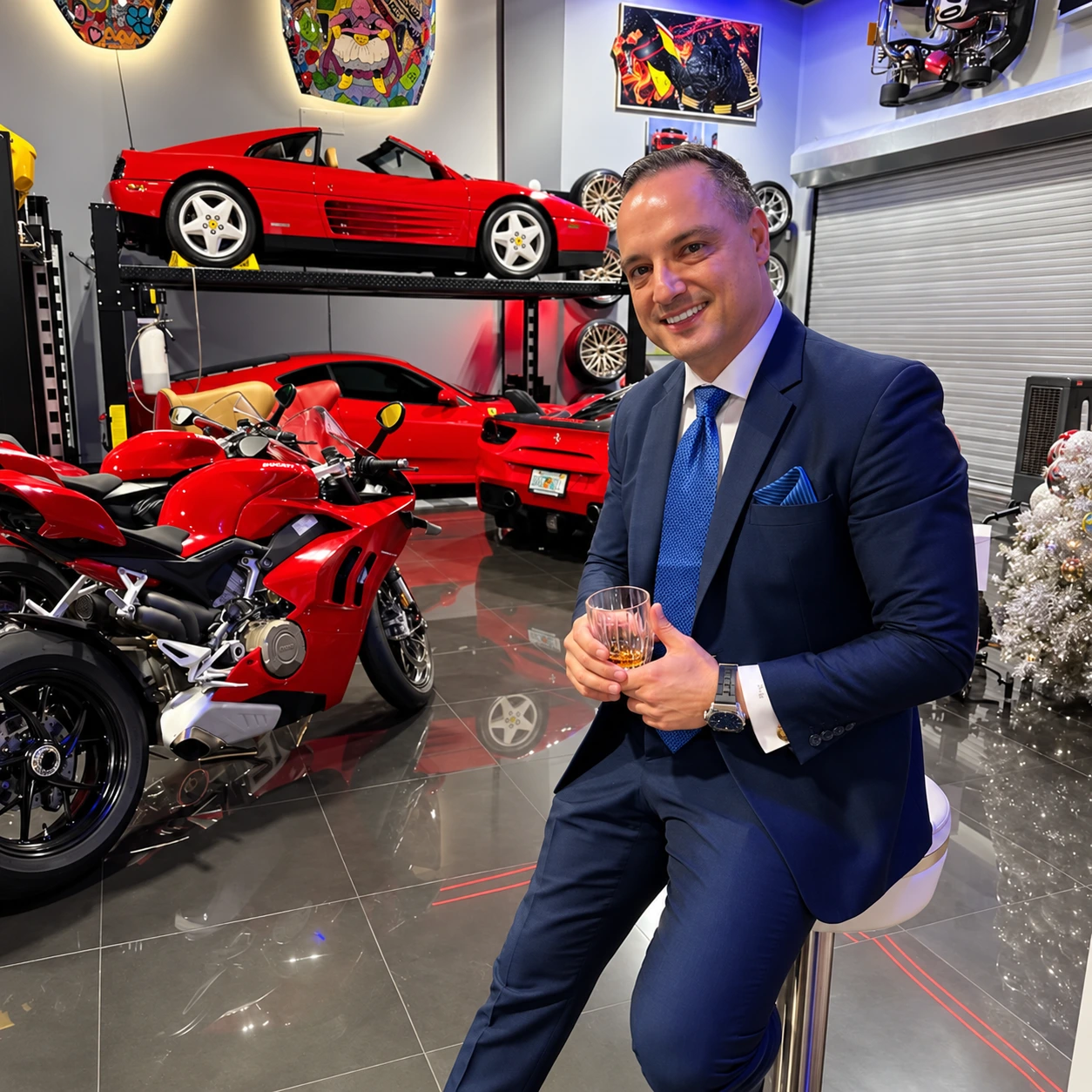 Dr. Raúl González entre motocicletas y automóviles deportivos