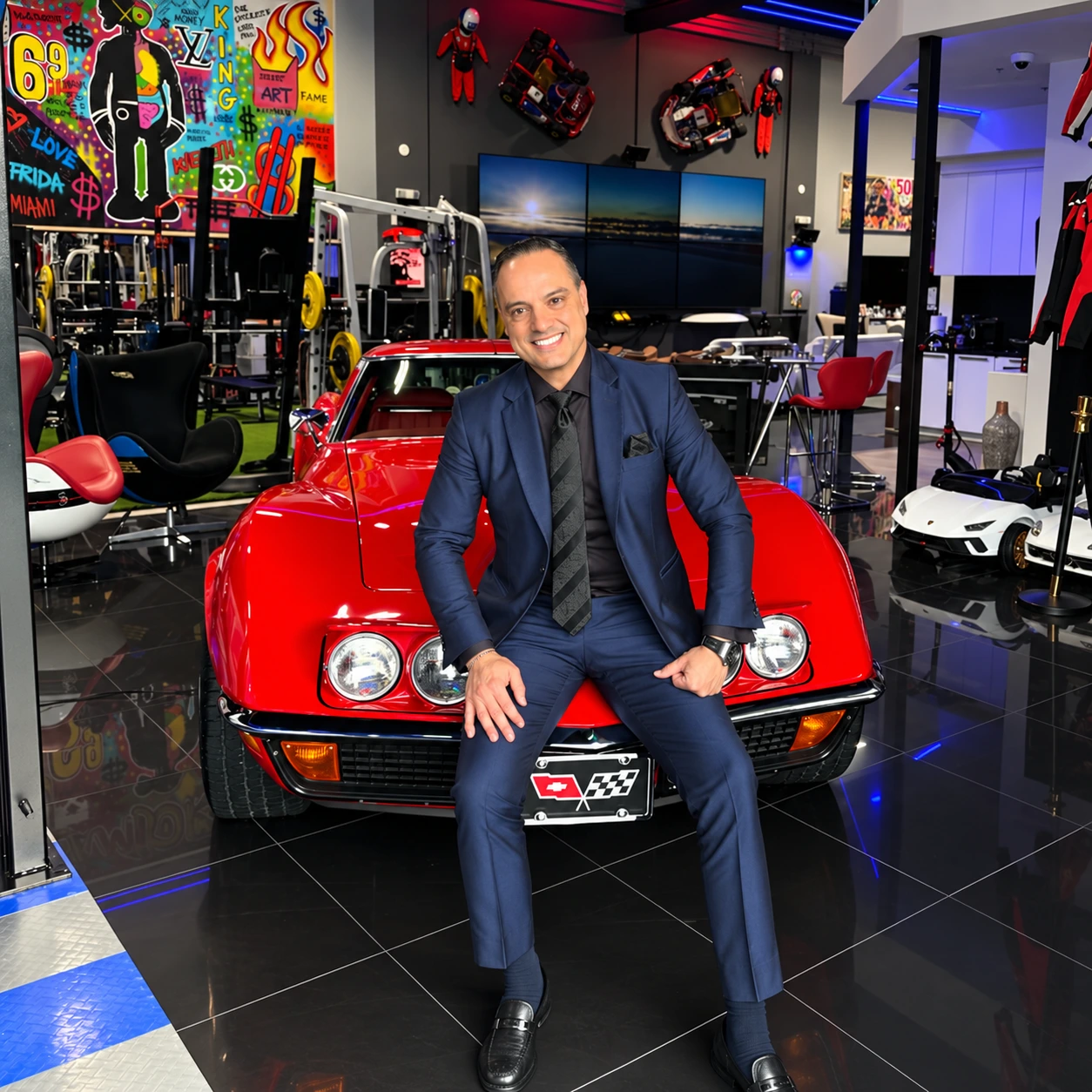Dr. Raúl González sentado sobre un Corvette clásico rojo