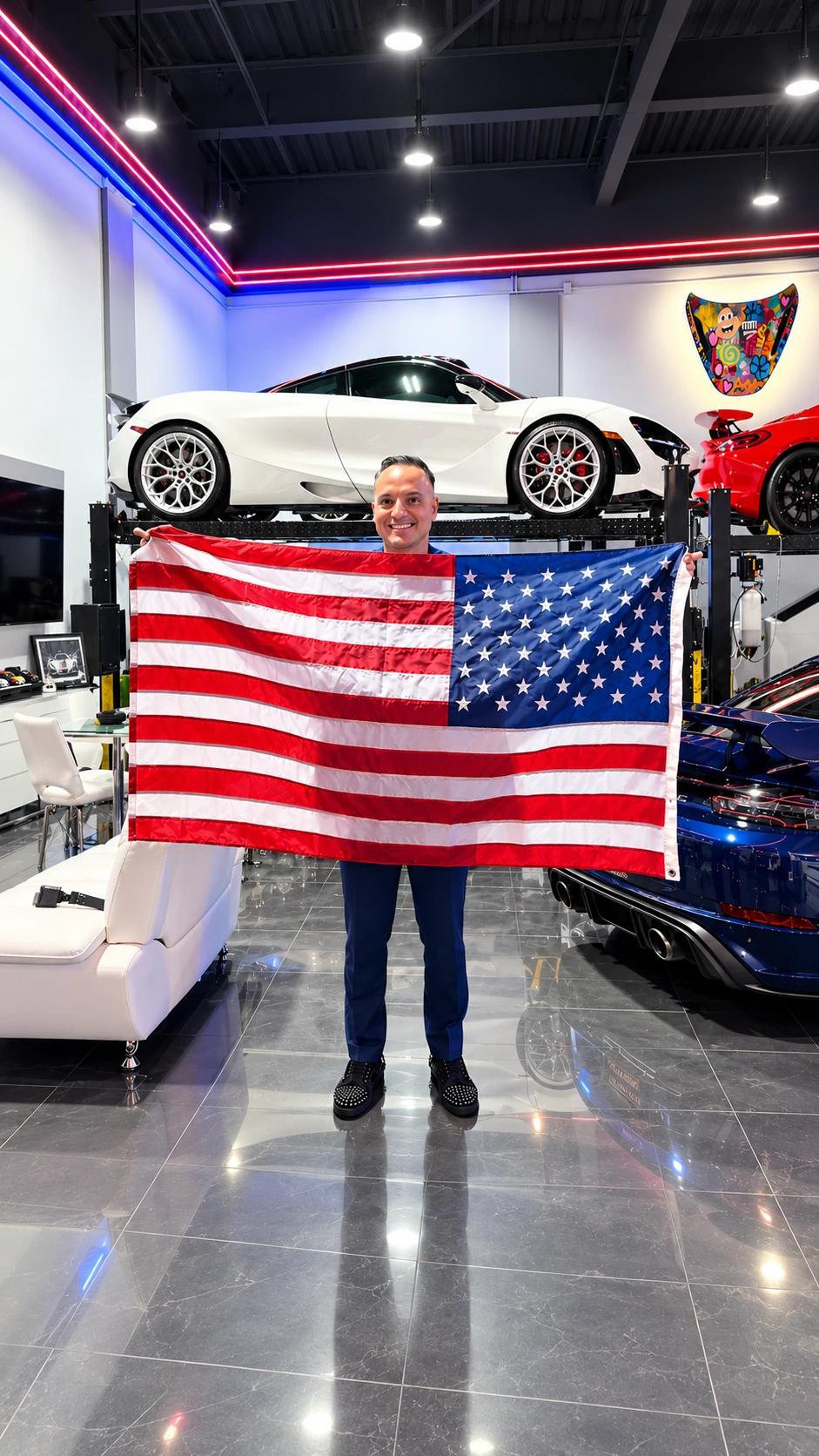 Dr. Raúl González con la bandera de Estados Unidos