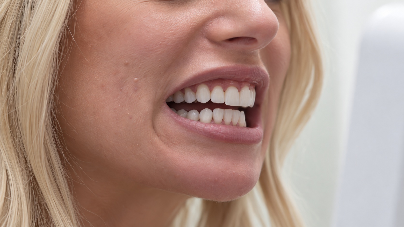 Detalle editorial de la sonrisa frente al espejo.